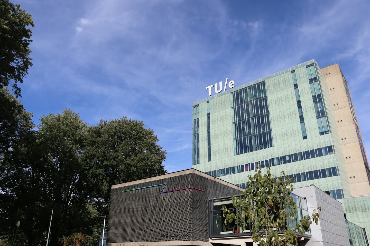 Nowoczesne budynki uniwersyteckie z zielonymi fasadami i geometryczną sztuką.